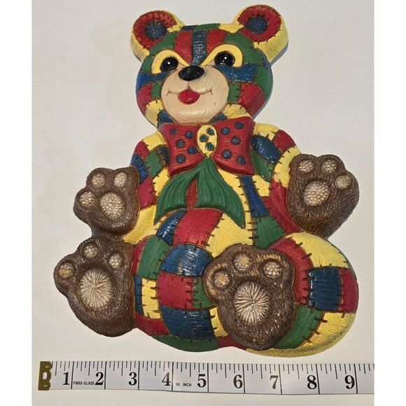 Patchwork Teddy Bear Wall Decor By Foam Craft 8" Multicolor Hand-Painted VTG Pie - Picture 5 of 5